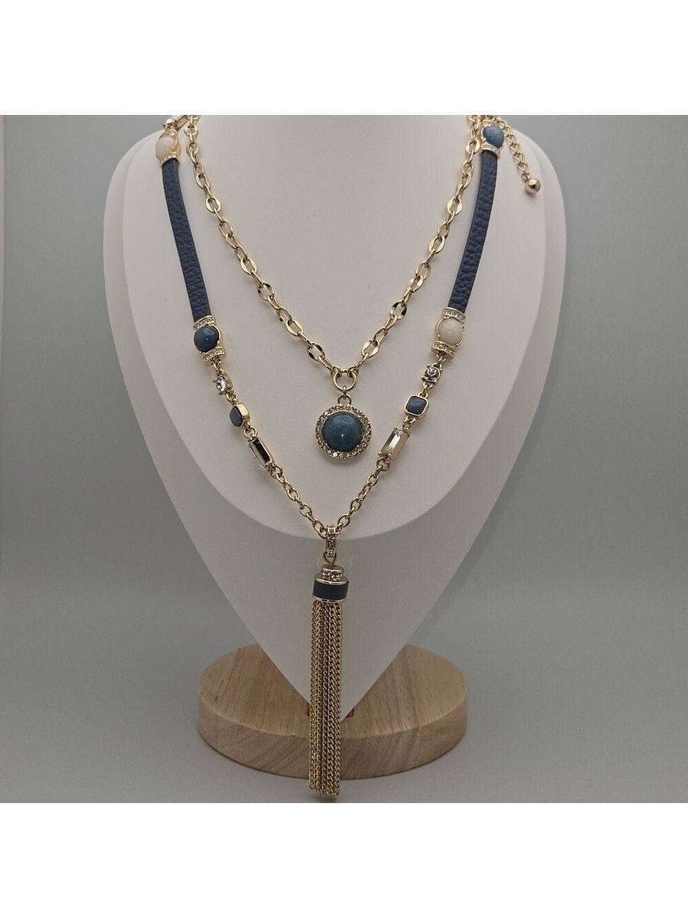 White House Black Market WHBM Gold and Blue Leather Layered Necklace